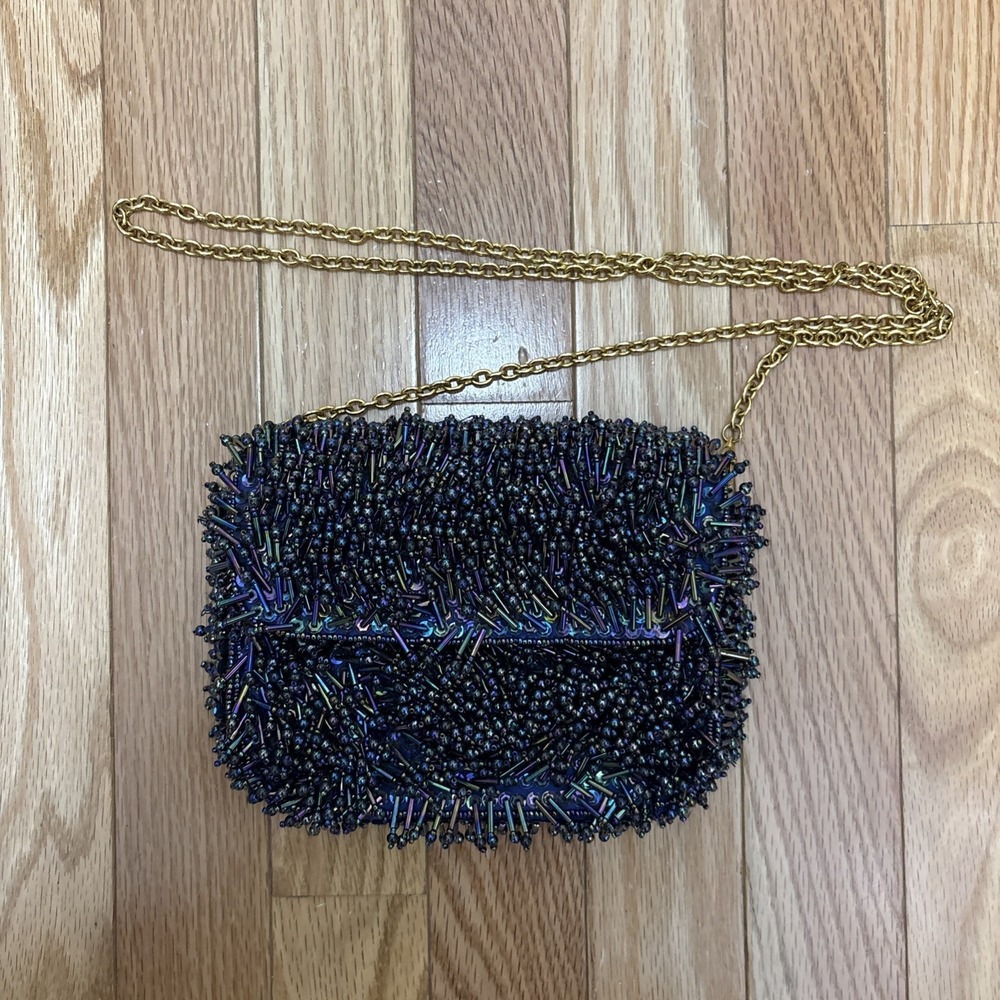 Vintage Inge Christopher Iridescent Beaded Shoulder Bag Purse‎ Gold Hardware